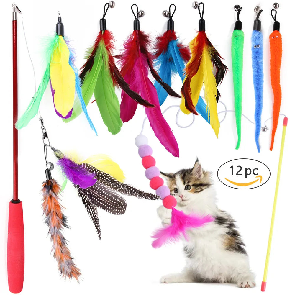 Interactive 11-Piece Cat Toy Variety Set — Feather Wands, Sisal Mice, Bell Balls & Plush Toys