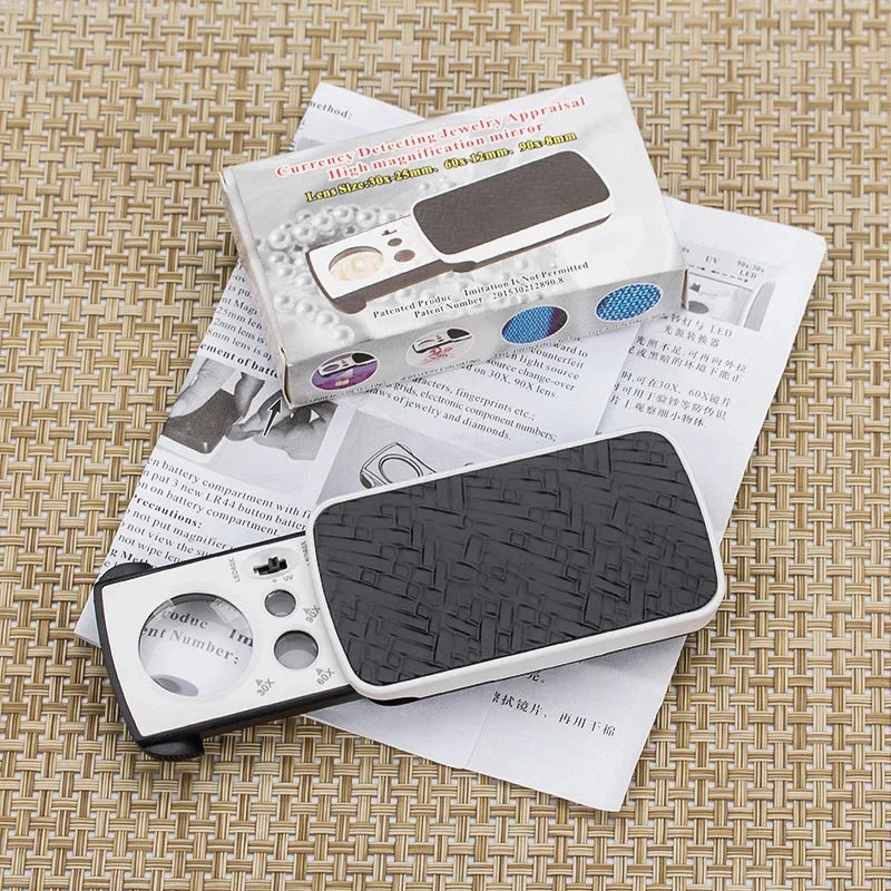 Slide-Out Jewelry Loupe Magnifier 30X 60X 90X LED with UV Light for Diamonds Coins Stamps