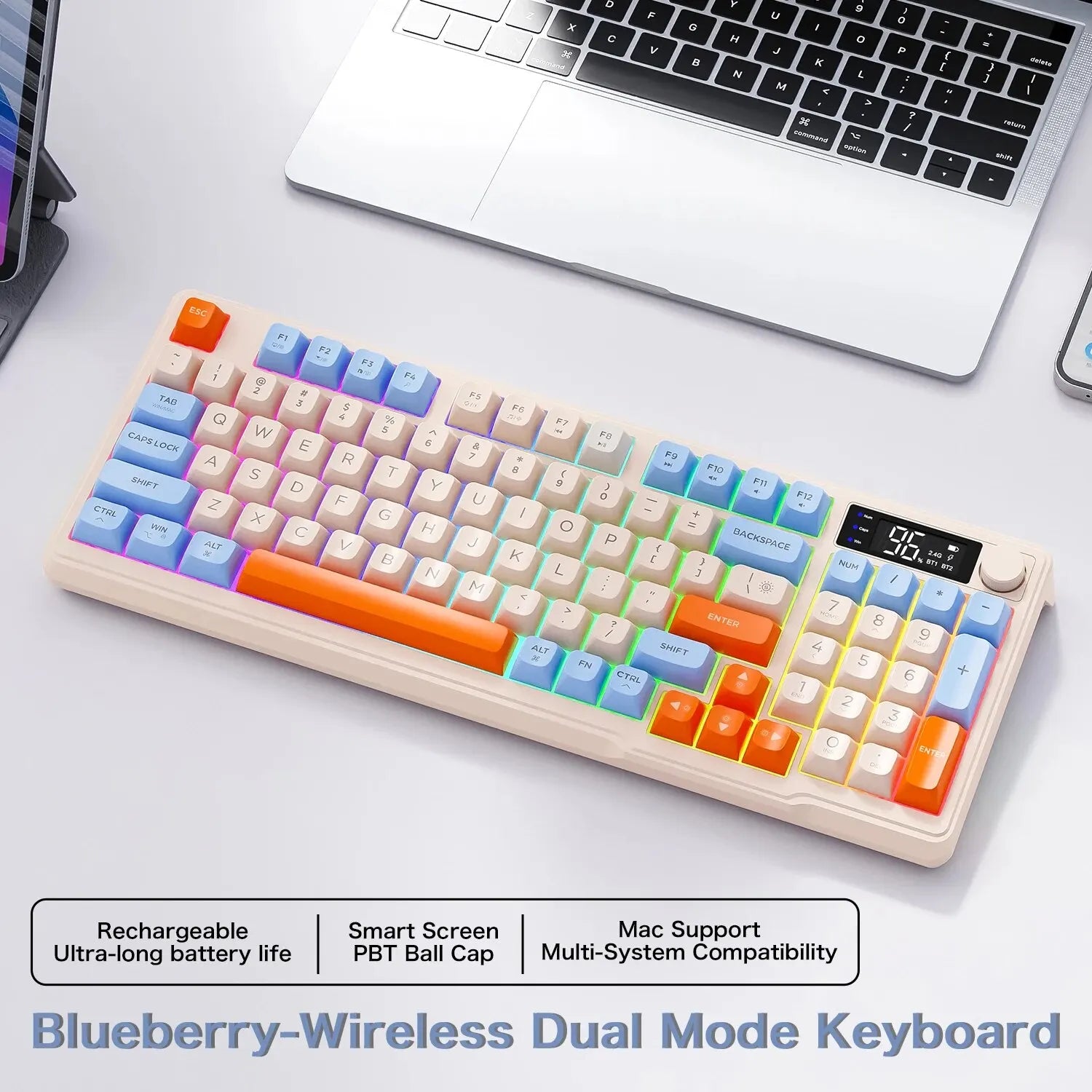 96-Key Wireless Mini Keyboard with Smart Screen - Bluetooth & 2.4GHz Dual-Mode, Multi-Device Linking, Ergonomic RGB Backlit