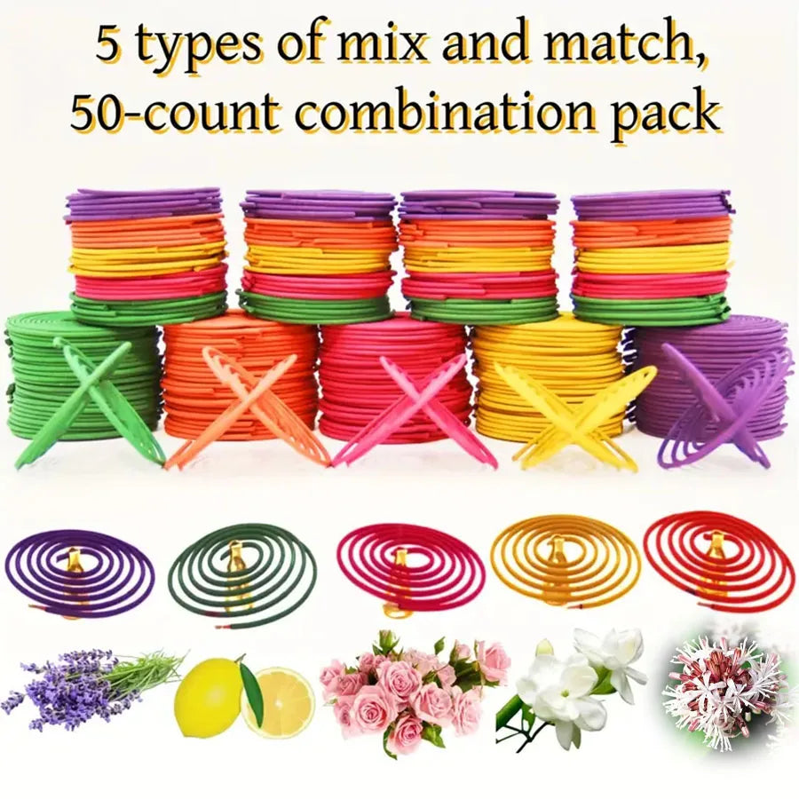 50-Pack Mixed Fragrance Spiral Incense Sticks – Lemon, Rose, Jasmine, Lavender & Orange, 3–4 Hour Burn