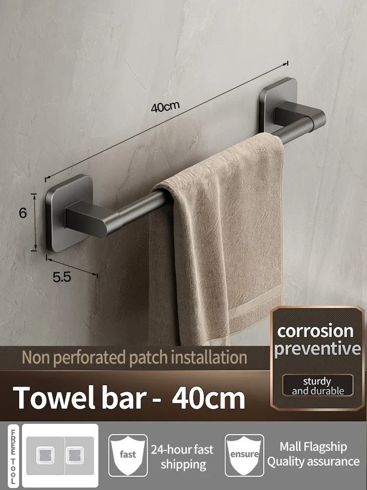 No-Drill Adhesive Towel Bar – Wall-Mount Towel Rack & Hook for Bathroom, Kitchen, Tile, Glass