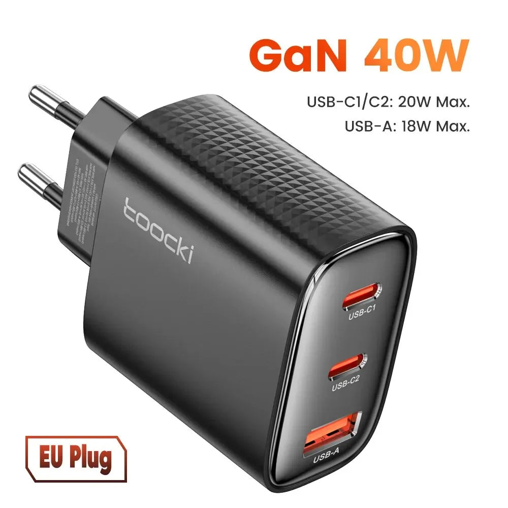 40W GaN 3-Port USB Fast Charger – Dual USB-C PD + USB-A QC4.0 Compact Travel Wall Charger