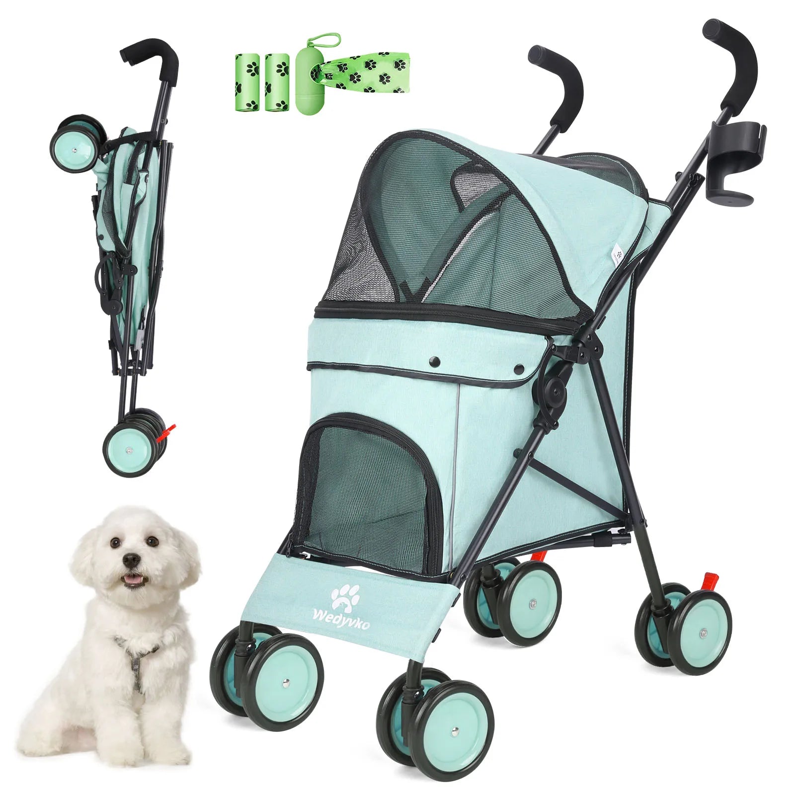 4-Wheel Pet Stroller for Dogs & Cats with Rotating Front Wheels, Brakes and Storage for Travel & Outdoor