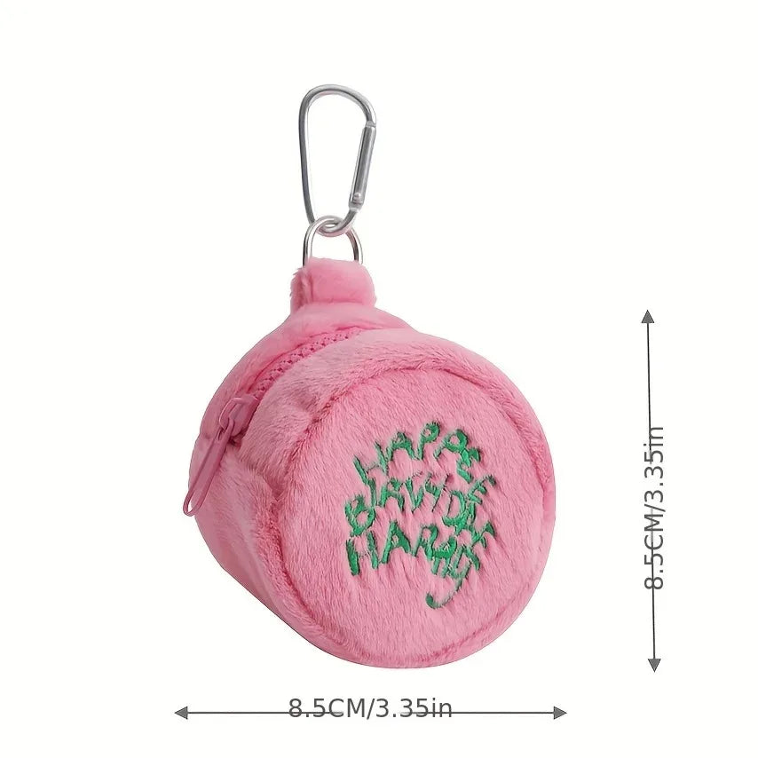 Pink Kawaii Mini Plush Coin Purse – Cute Cake Design Earphone & Cord Storage Pouch with Keychain