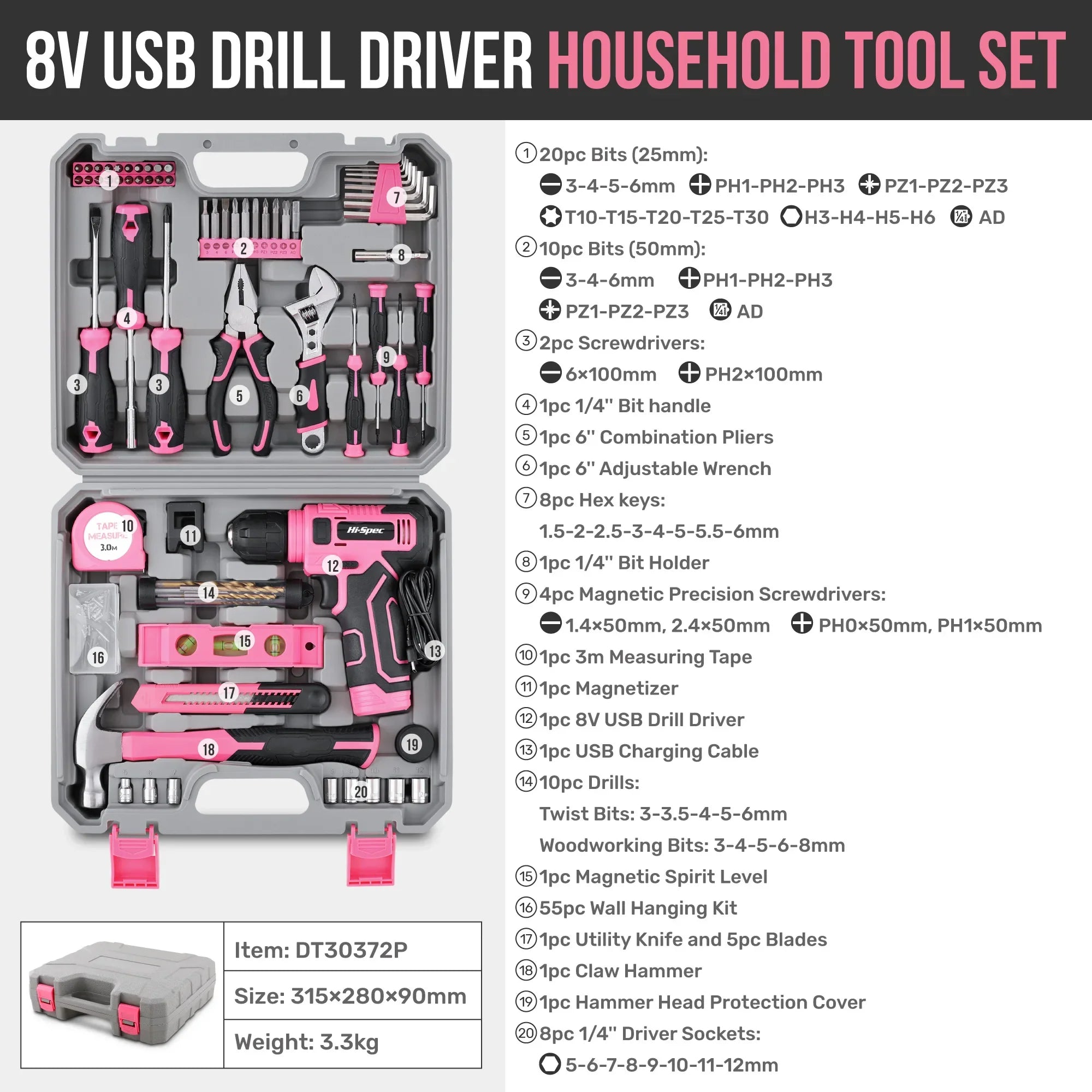 133-Piece Pink Power Tool Set with 8V Lithium Cordless Drill, Magnetic Precision Bits & 3-Tier Toolbox