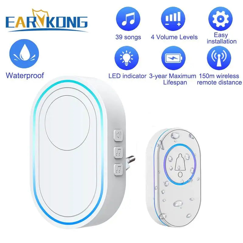 Smart Wireless Doorbell Waterproof Long Range 300m (984 ft) Remote Chime - Plug-in Options EU/UK/US, 39 Melodies