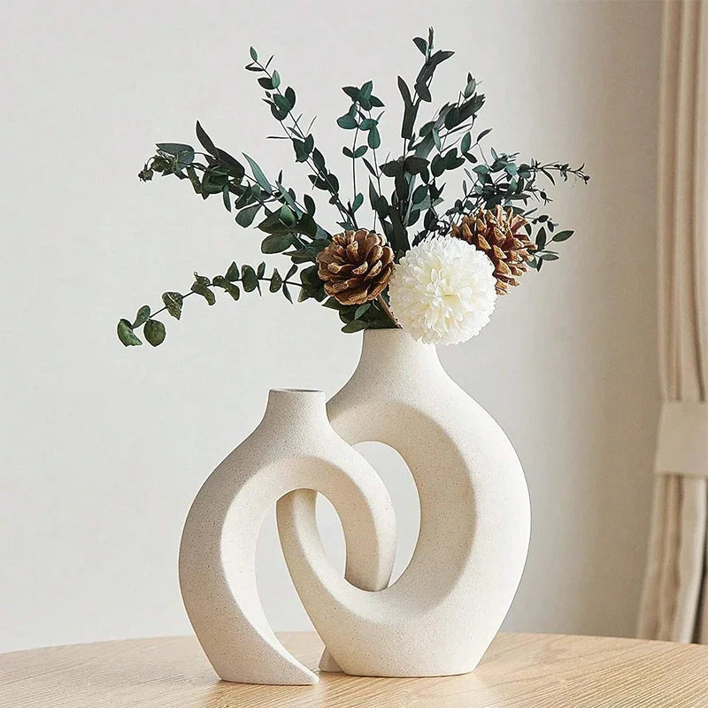 European White Ceramic Vase Set - Minimalist Decorative Vases for Living Room, Entryway, TV Console