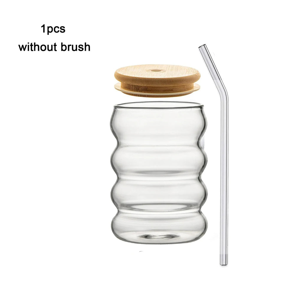 1/2/4-Pack Wave Glass Cups with Lid & Straw — 350ml (12 fl oz) Heat-Resistant Tumblers for Juice, Iced Coffee, Smoothies