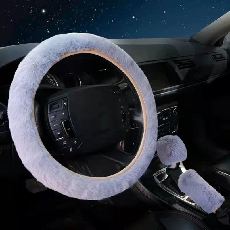 3-Piece Winter Rabbit Plush Car Steering Wheel Cover Set — Handbrake & Gear Lever Sleeves, Soft Fur Auto Interior Accessories