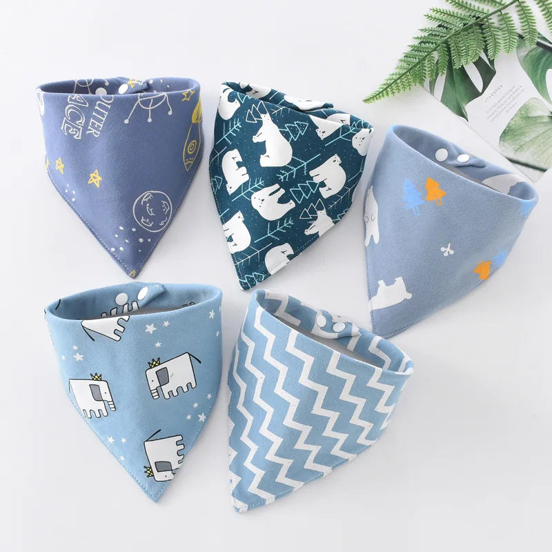 5-Pack Cotton Bandana Bibs – Waterproof Absorbent Baby Triangle Scarves, Cartoon Unisex Bibs