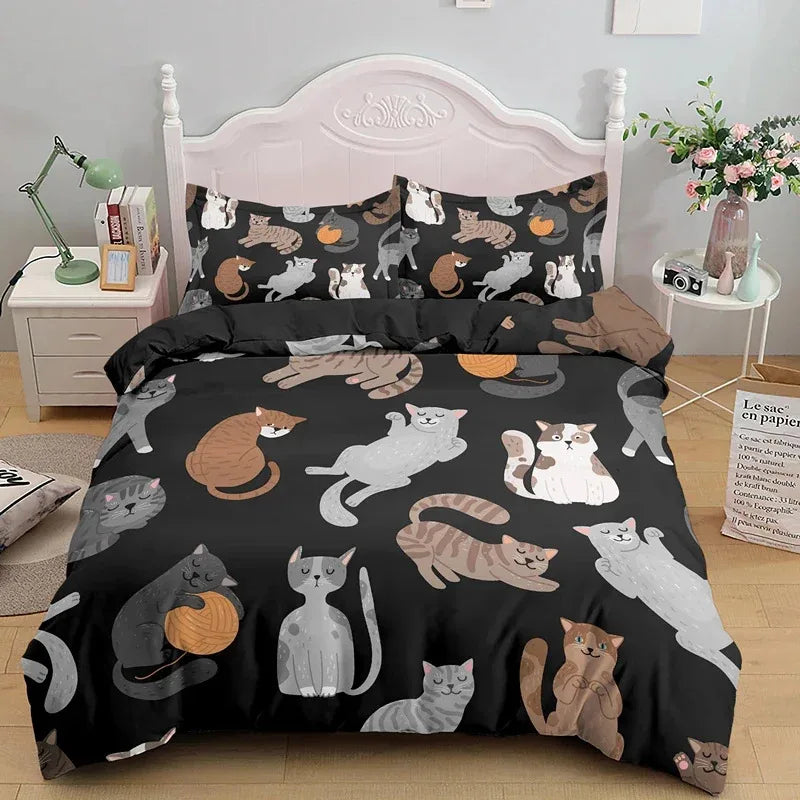 3-Piece Cute Cat Duvet Cover Set - Single-Sided Printed Cartoon Comforter Cover with Pillowcases