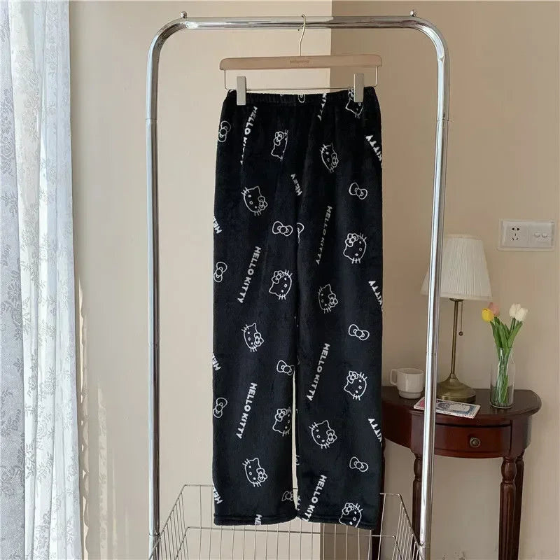 Hello Kitty Flannel Pajama Pants – Kawaii Cartoon Velvet Lounge Pants for Girls & Women, Fall Winter Home