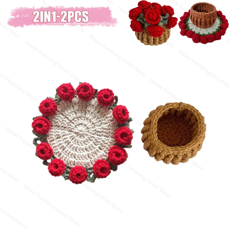 Handmade Crochet Rose Coaster, Heat-Resistant Table Mat for Valentine's Day, Romantic Wedding Gift