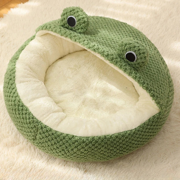 Frog-Shaped Semi-Enclosed Plush Pet Bed – Warm Cat House & Small Dog Den, Cozy Kitten Puppy Nest