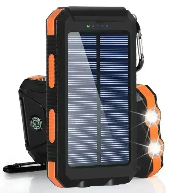 Solar Power Bank Waterproof – Fast Charging Portable Powerbank with Dual USB, SOS LED Light & Compass