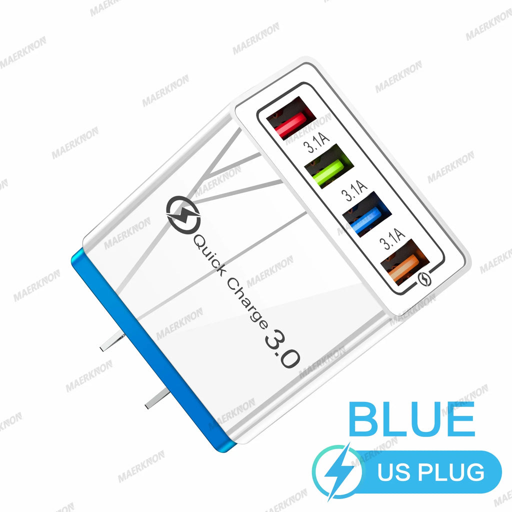 4-Port USB-A Wall Charger QC 3.0 3.1A Fast Travel Charger, 45W Total, US/EU Plug