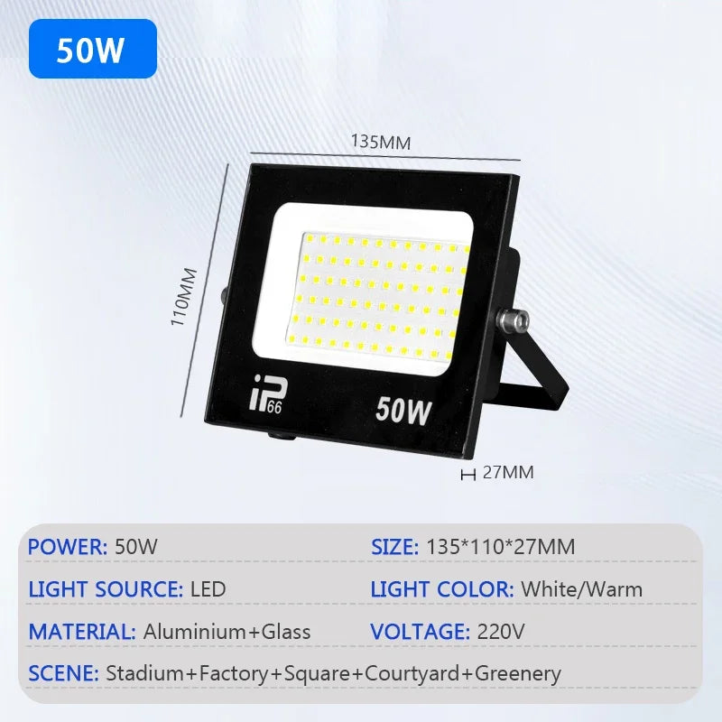 LED Outdoor Floodlight IP66 Waterproof - 10W-200W Options, Cool White 6000K, Garden Porch & Courtyard Spotlight, AC 220V