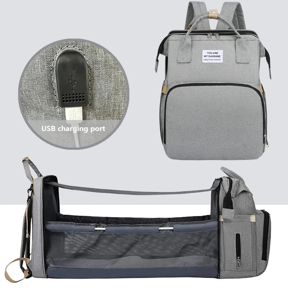 Foldable Diaper Bag with Portable Folding Crib Bed Lightweight Large-Capacity Baby Backpack