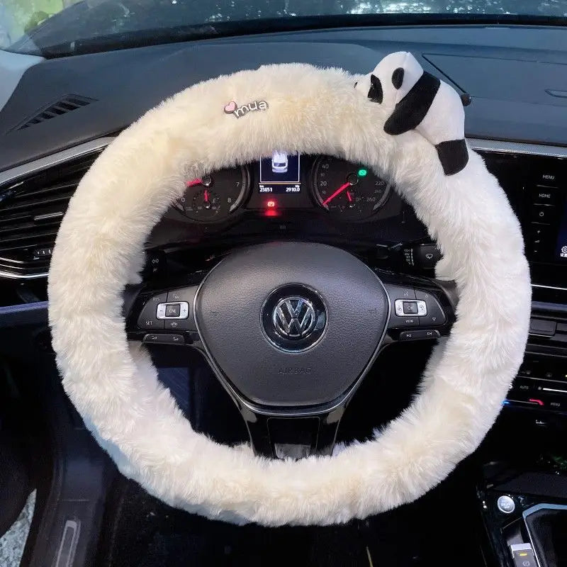 Cute Cartoon Fur Steering Wheel Cover Winter Warm Car Handle Cover for Women