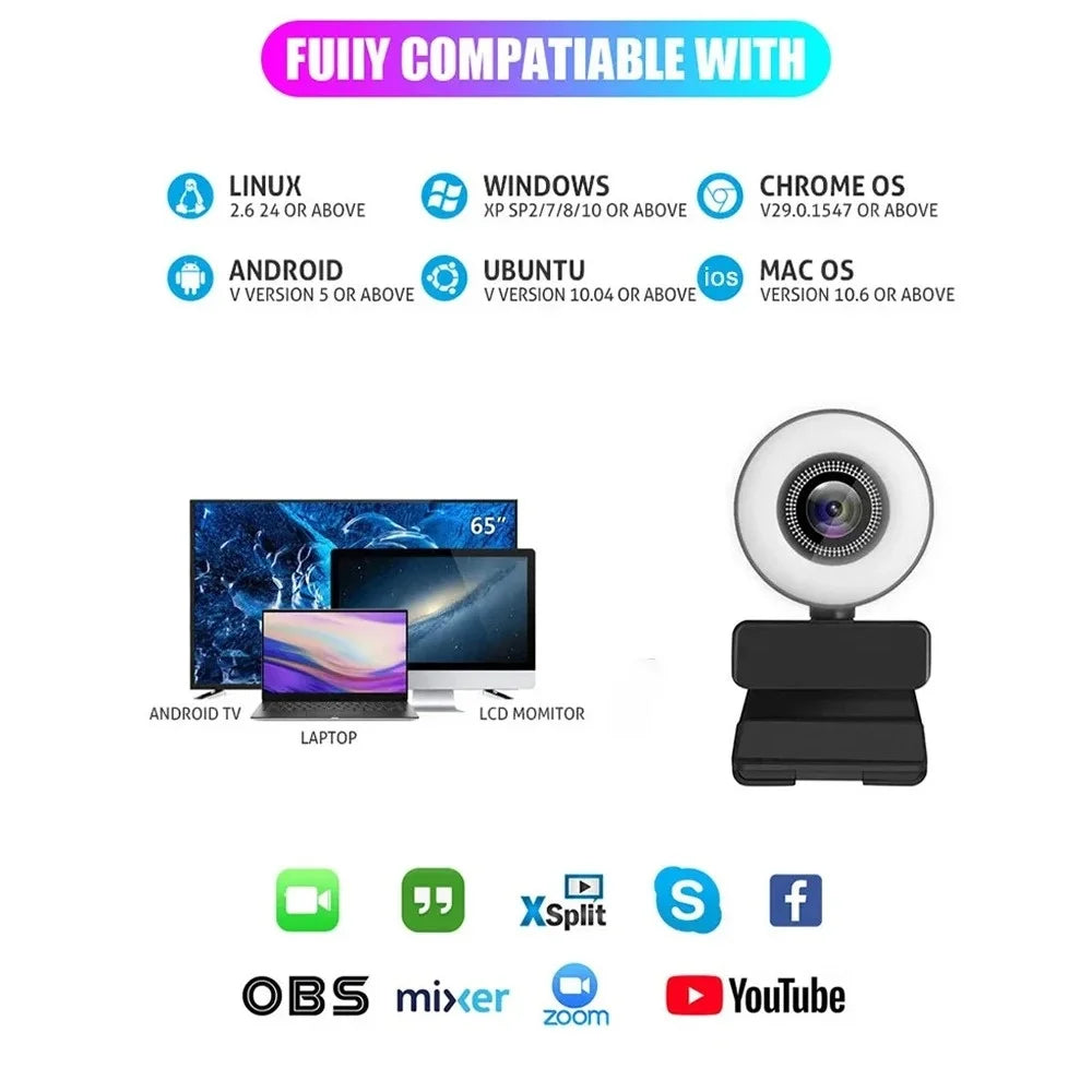 4K USB Webcam (8MP) 1080P/720P Auto-Focus Laptop Camera with Noise-Reduction Mic, Adjustable Clip & Light Control for Live Streaming
