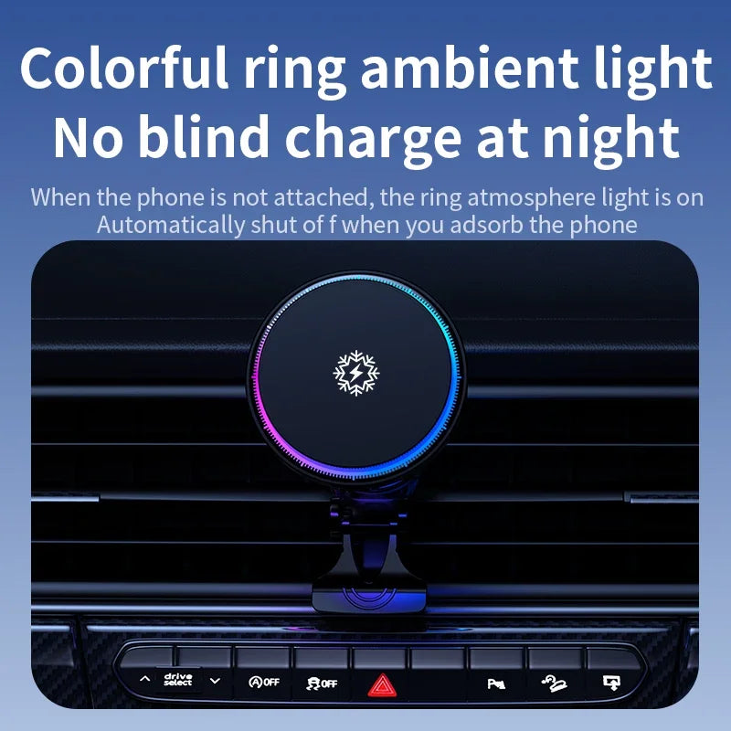 Ice Cooling Magnetic Wireless Car Charger 15W – MagSafe-Compatible Fast Charge Car Phone Holder with Cooling Fan & RGB LED