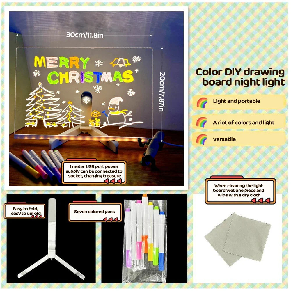 LED Acrylic Message Board with Night Light and 7 Color Pens – DIY Rewritable Kids Drawing & Birthday Gift