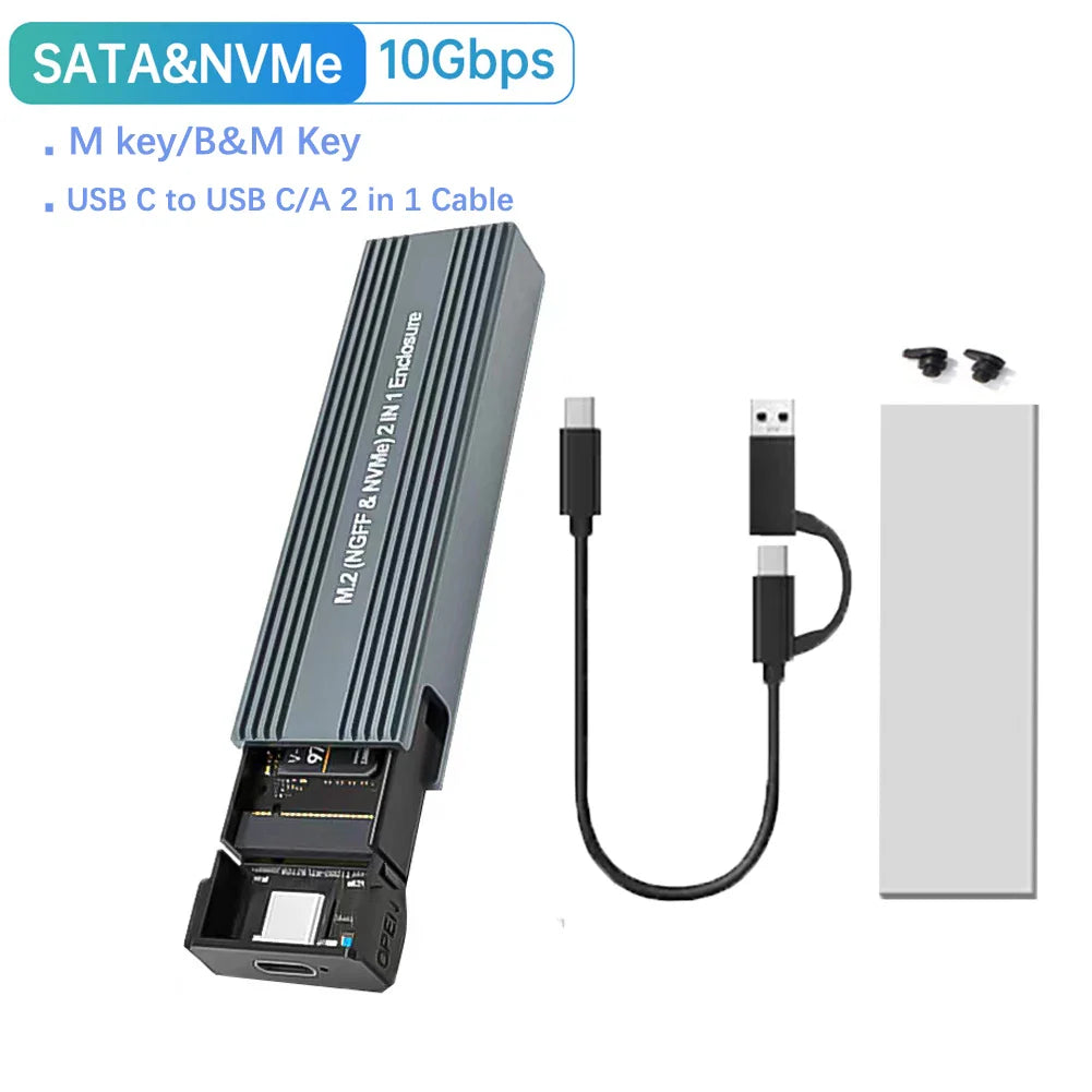 Dual-Protocol M.2 NVMe/SATA SSD Enclosure – USB 3.1 Gen2 10Gbps, Supports 2230/2242/2260/2280 (Type-C to C/A)