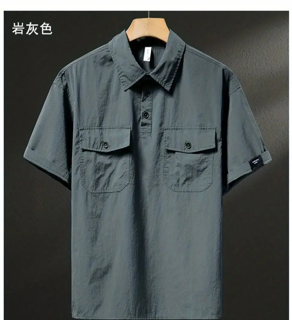 Summer Ice Silk American High-end Workwear Short-sleeved Shirt Men’s Gray British Trendy Retro Loose T-shirt Polo Shirt