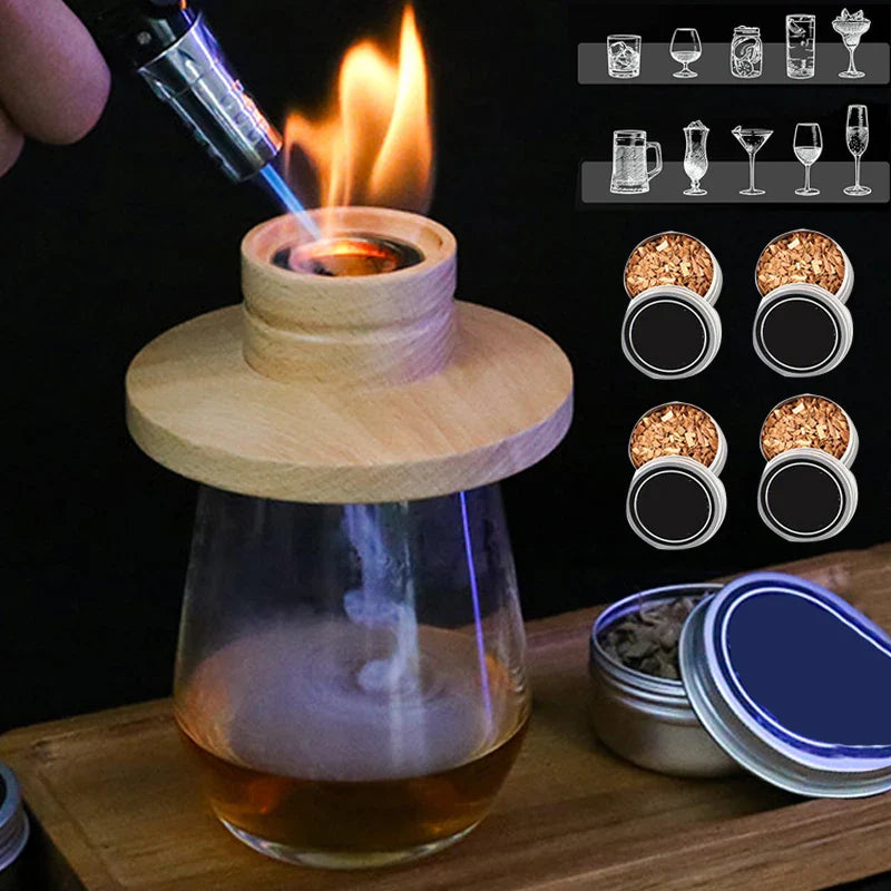 Cocktail Smoker Kit – Wooden Smoke Hood & Cold Smoke Infuser for Whiskey, Tequila & Cocktails with 4 Wood Chip Boxes