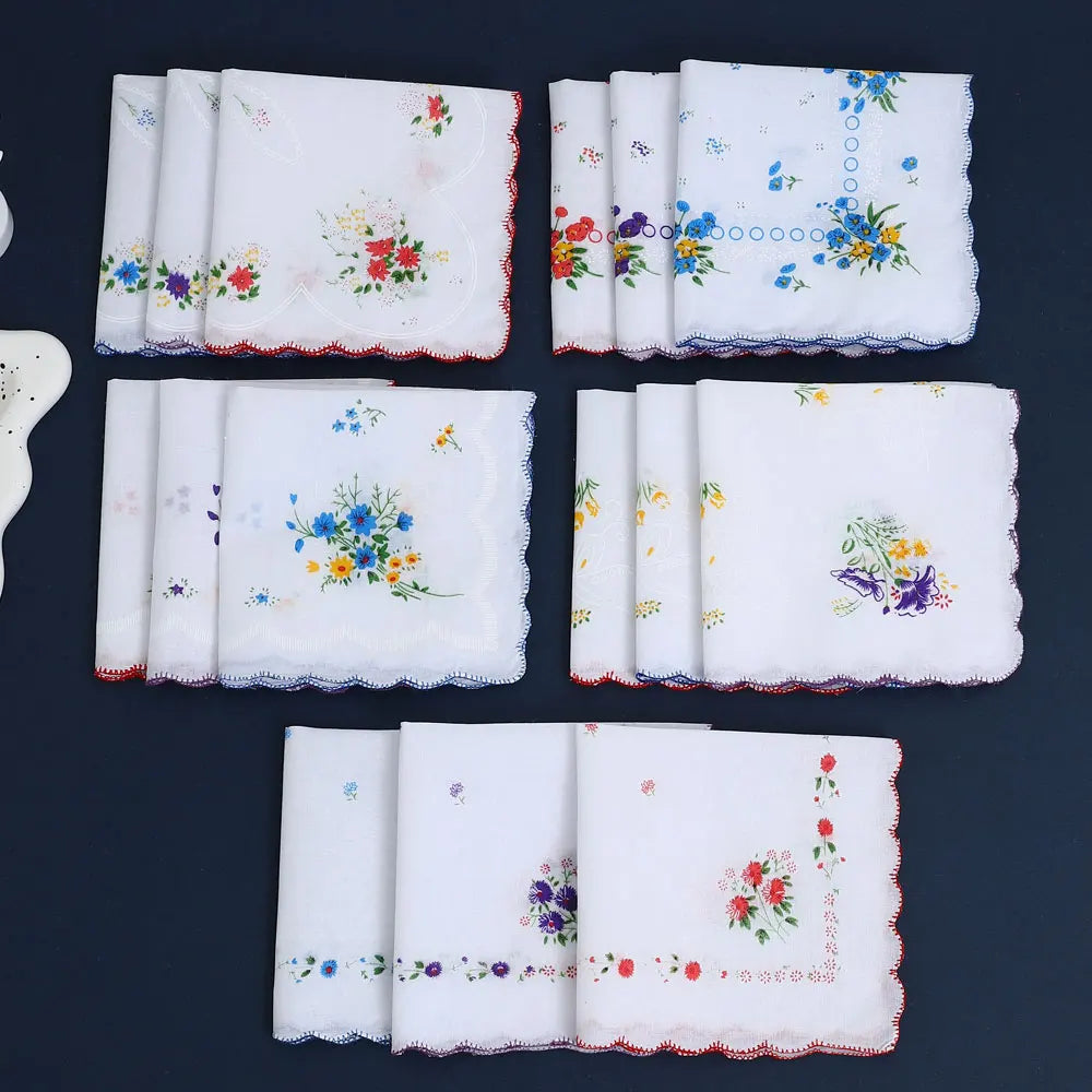 6-Pack Cotton Floral Handkerchiefs for Women, 28 cm (11 in) Scalloped Edge Pocket Towels & Wedding Napkins