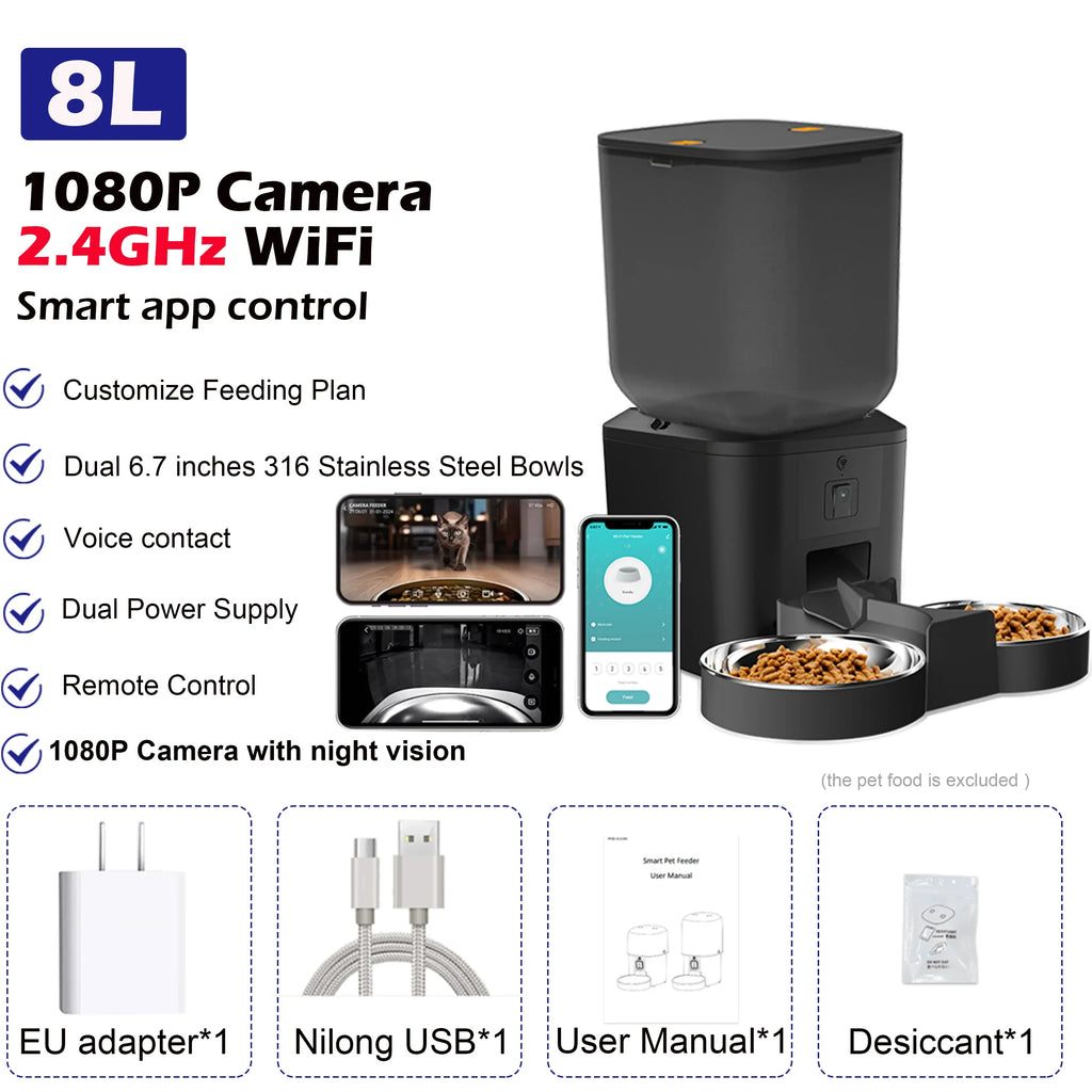 8L Automatic Pet Feeder with 1080P Camera, 2.4/5GHz WiFi, Stainless Steel Bowl, App Control & Voice Recorder