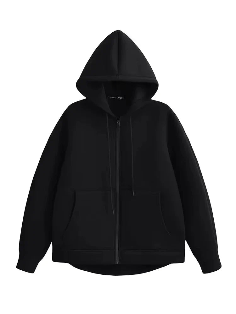 Women's Oversized Zipper Hoodie Jacket with Double Pockets - Casual Autumn/Winter Coat