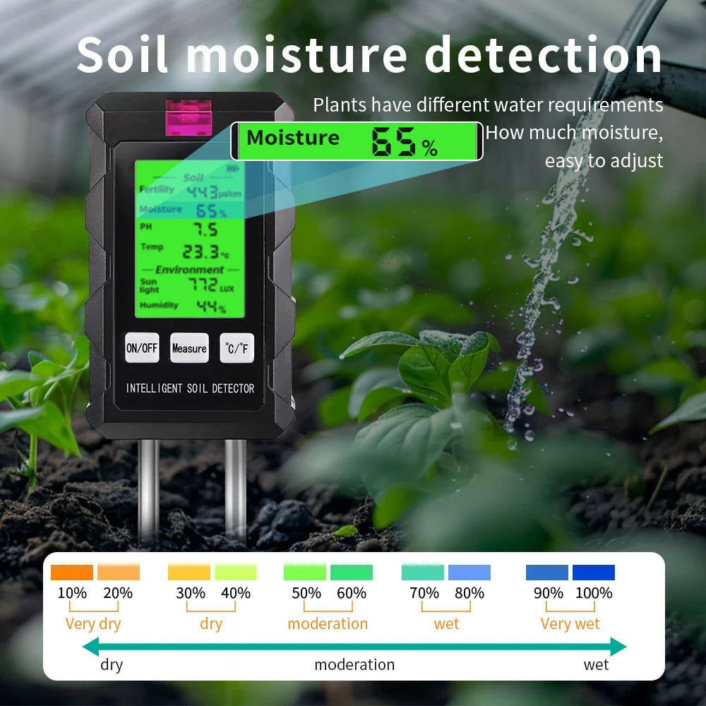 6-in-1 Soil Tester pH Moisture Light Temperature Humidity Nutrient Meter for Garden & Pots