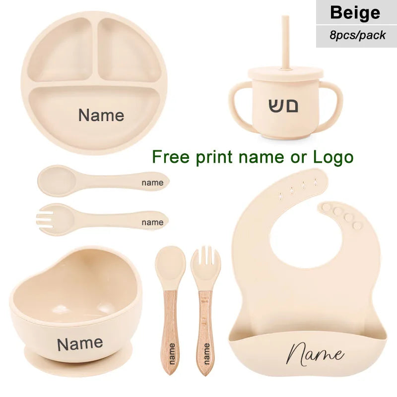 8-Piece Silicone Baby Feeding Set with Suction Plate, Bowl & Straw Cup — Personalized Kids Tableware, BPA-Free
