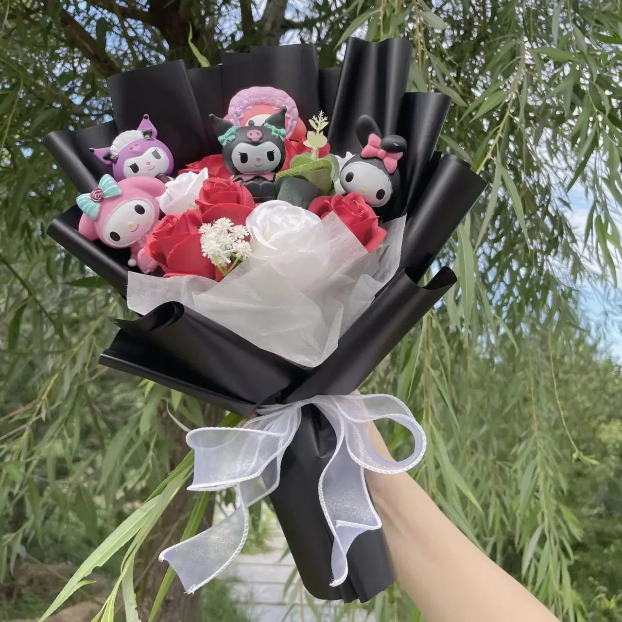 Kawaii Cat Plush Bouquet with Artificial Flowers — Cute Plush Doll Gift for Her, Valentine, Birthday, Graduation