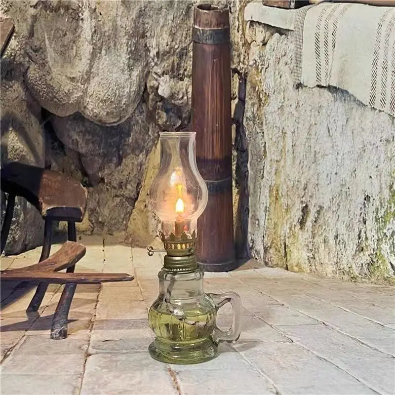 Mini Glass Oil Lamp with Shade Retro Windproof Desktop Kerosene Lantern Candle Holder — 19.5 cm (7.7 in)