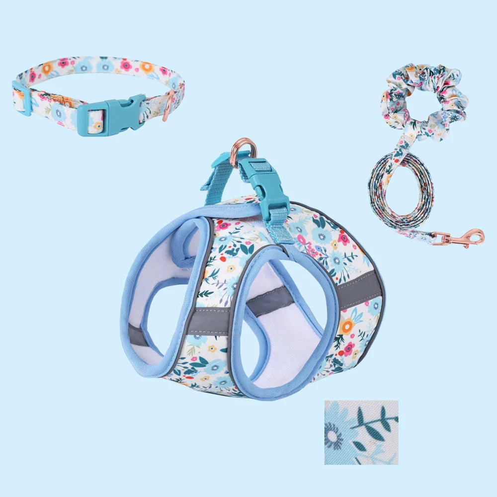 Adjustable Soft Vest Harness & Leash Set for Small & Medium Dogs & Cats – Reflective Printed Puppy Harness with Wrist Leash and Collar