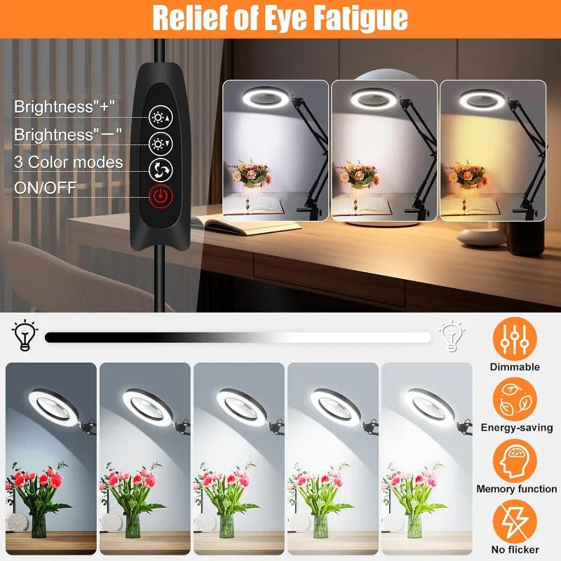 10x LED Magnifying Lamp 4.3-inch (110 mm) Glass Lens, 72-LED Dimmer, Swing Arm with Clamp & Weighted Base — 2-in-1 Desk Light for Crafts, Reading, Jewelry Repair