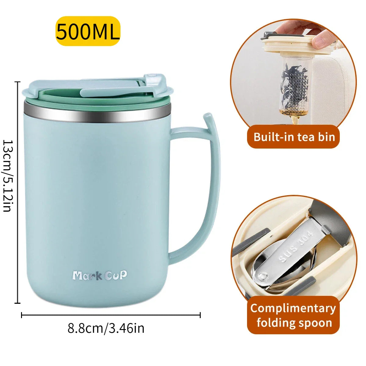 500ml (16.9oz) 304 Stainless Steel Double-Layer Insulated Travel Mug with Handle, Sealed Vacuum Flask