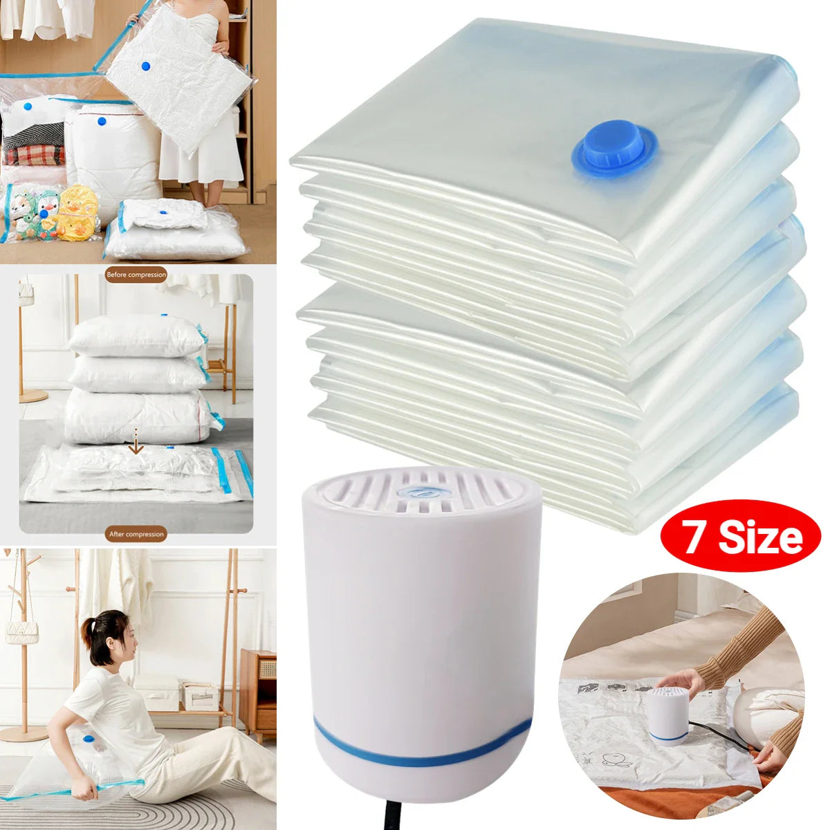7 Sizes Reusable Vacuum Storage Bags with Hand Pump – Space-Saving Compression Bags for Clothes, Blankets & Bedding