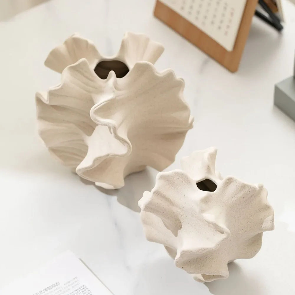 Ceramic Coral Vase Beige Matte, Nordic Tabletop Centerpiece for Pampas Grass & Flowers