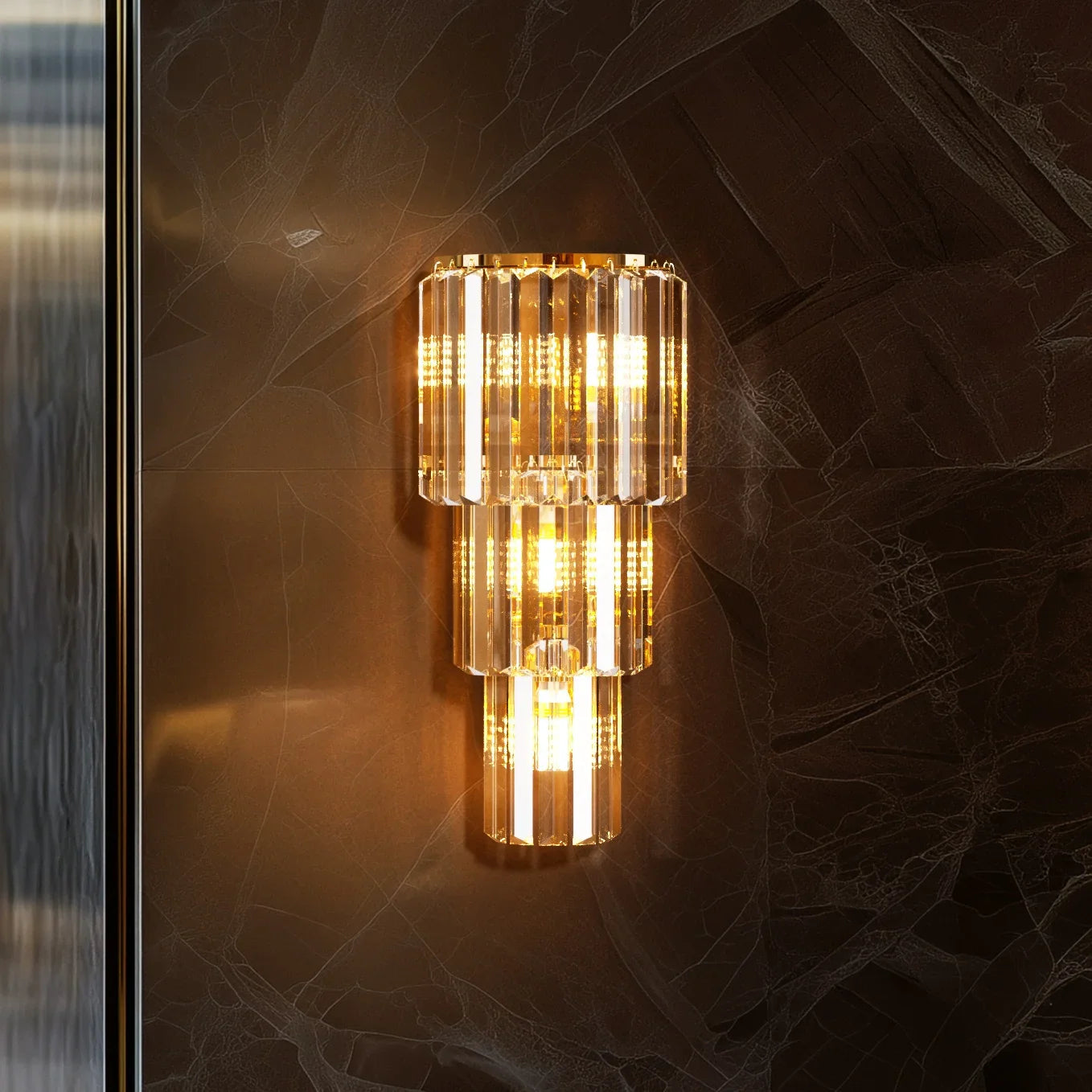 Modern 3-Tier Crystal Wall Sconce - Gold Dimmable E14 LED Wall Lamp