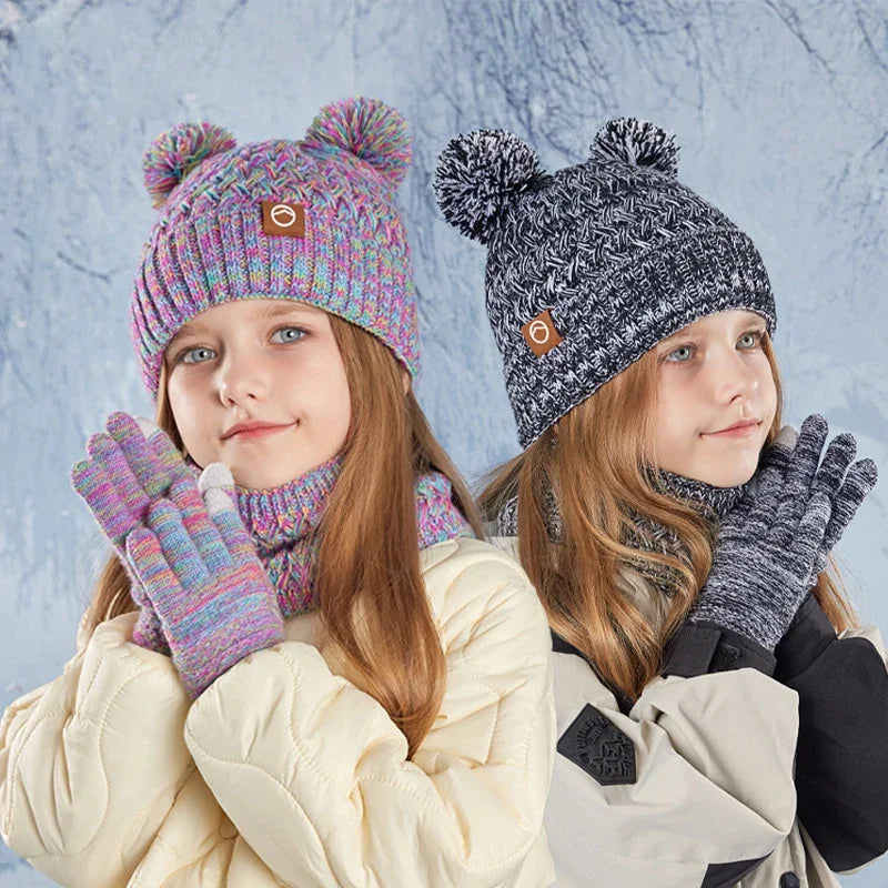 New Children Hats Scarf Gloves Set Cute Bear Colorful Knitted Hat Plus Velvet Warm Hoods Caps for Girls Baby Outdoor Accessories