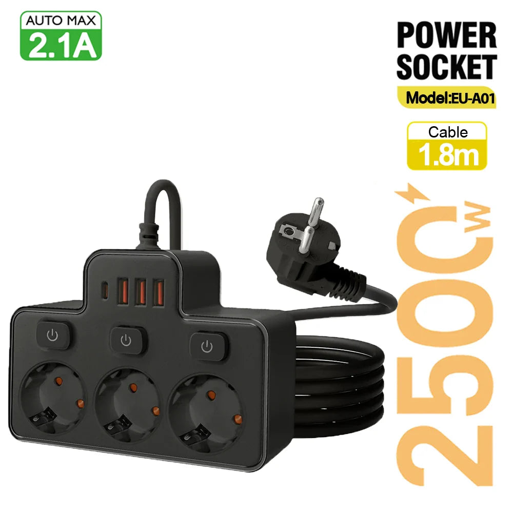 EU Wall-Mounted Power Strip — 3 AC Outlets + 4 USB Ports, Independent Switches, 0.5 m (20 in) Cord