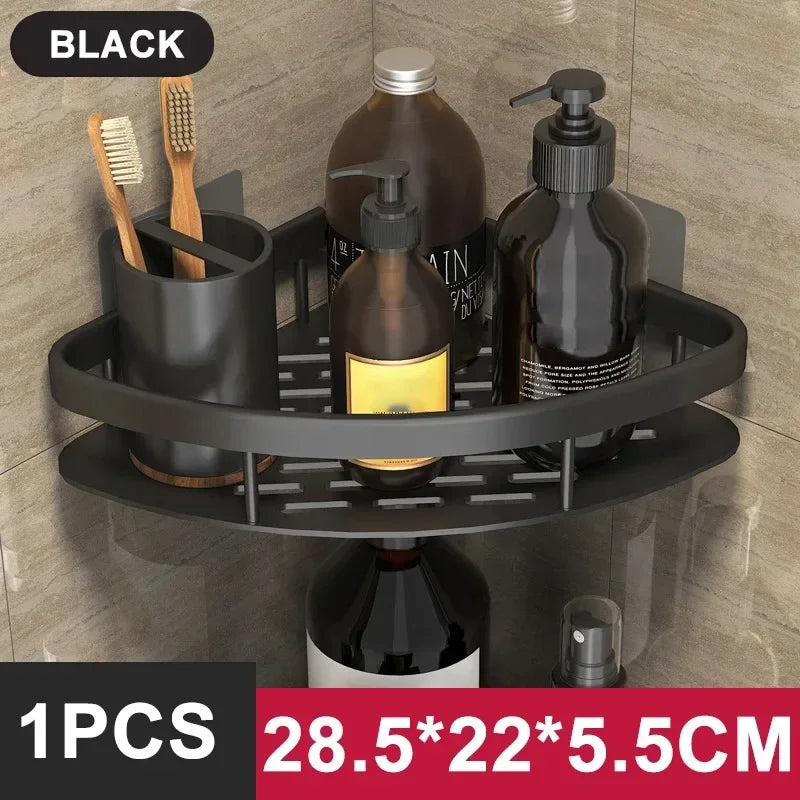 No-Drill Aluminum Alloy Bathroom Shower Shelf Wall-Mounted Shampoo Rack and Kitchen Organizer