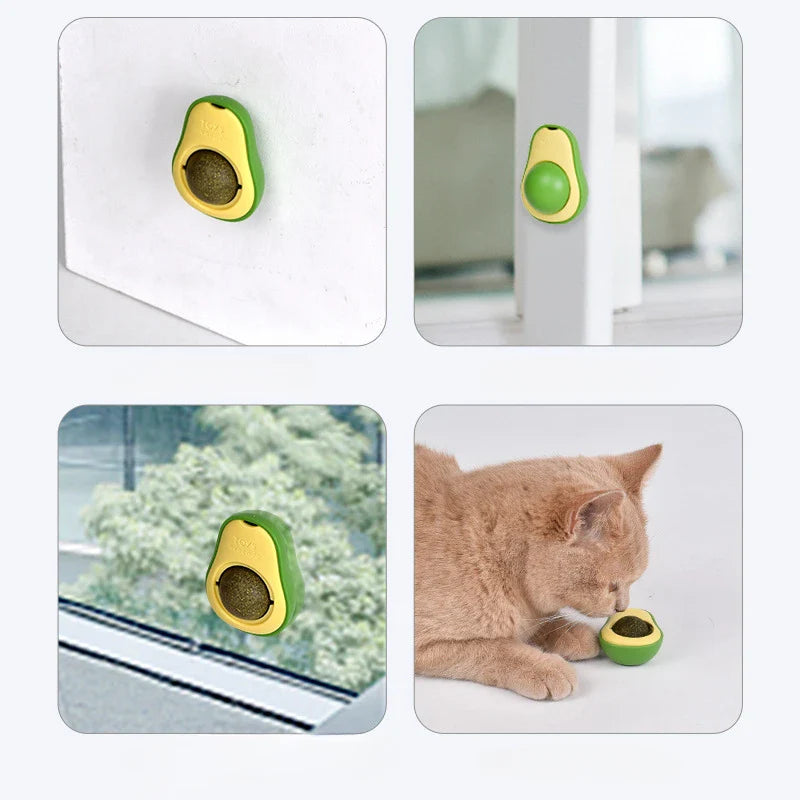 Rotating Stick-On Catnip Ball Toy – Avocado Licking & Teeth-Cleaning Cat Toy, 6 x 4.6 cm (2.36 x 1.81 in)