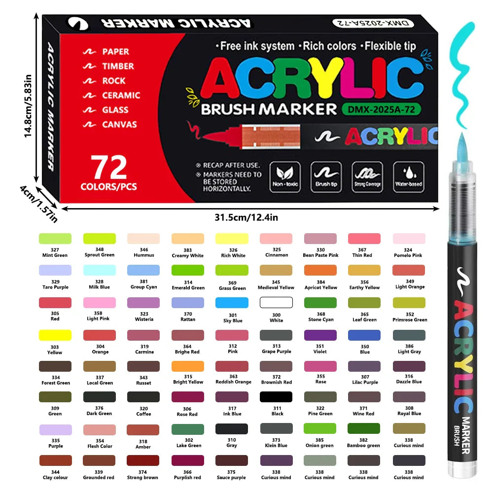 12/24/36/48/60-Color Acrylic Brush Paint Markers - Soft Brush Tip for Canvas, Stone & DIY Art