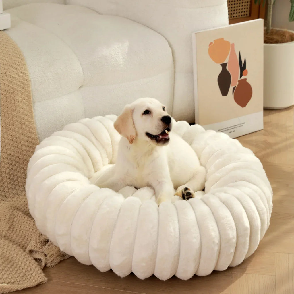Large Round Pet Bed – Washable Faux Fur Dog & Cat Sofa, All-Season Cozy Plush