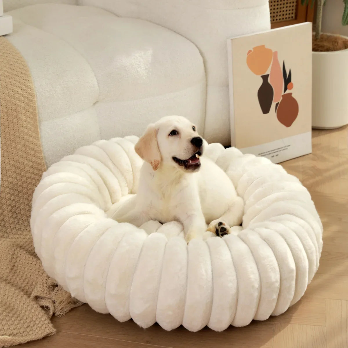 Large Round Pet Bed – Washable Faux Fur Dog & Cat Sofa, All-Season Cozy Plush