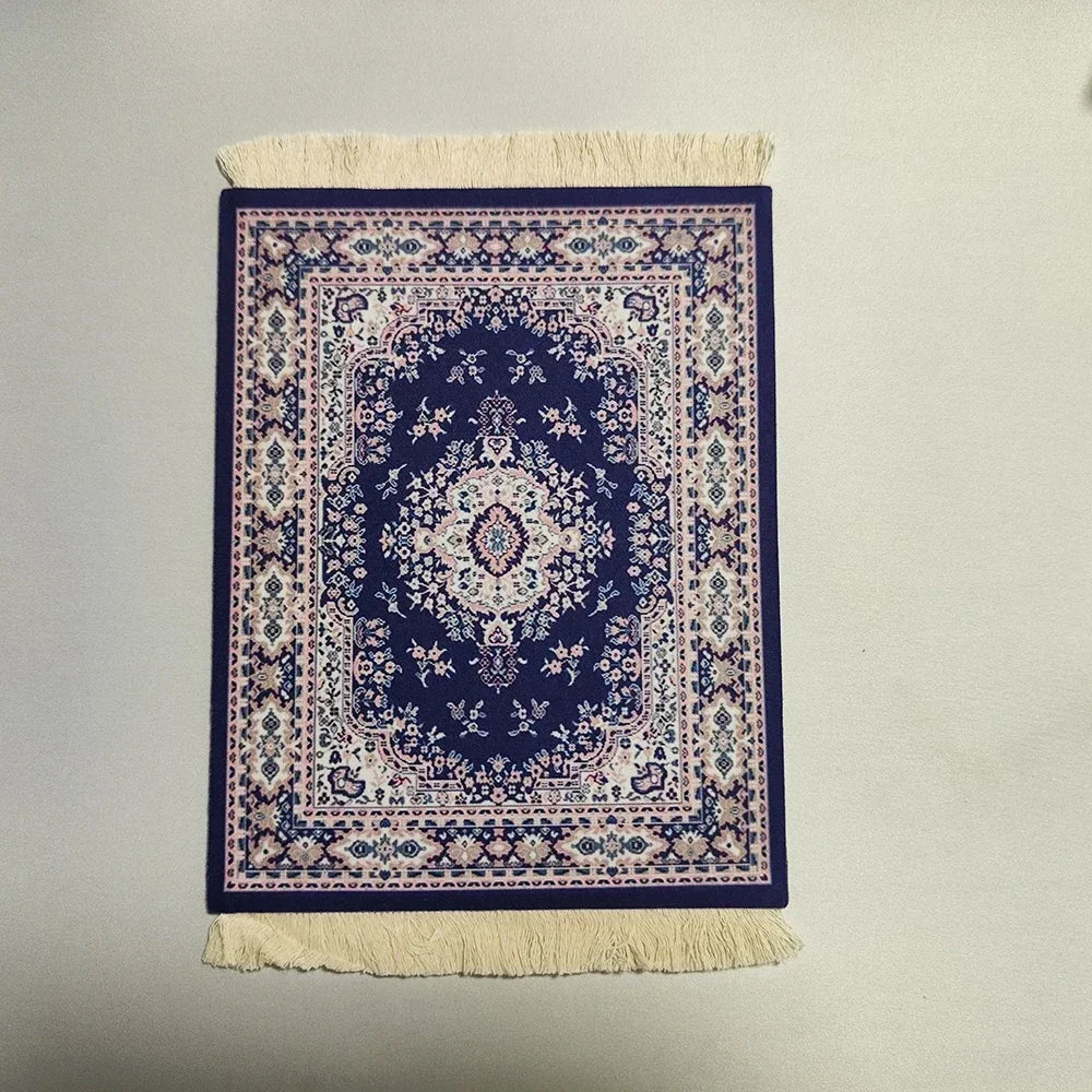 Woven Persian Flower Mouse Pad 9.1 x 7.1 in (23 x 18 cm) Non-Slip Rubber Desk Mat with Fringe — Retro Style